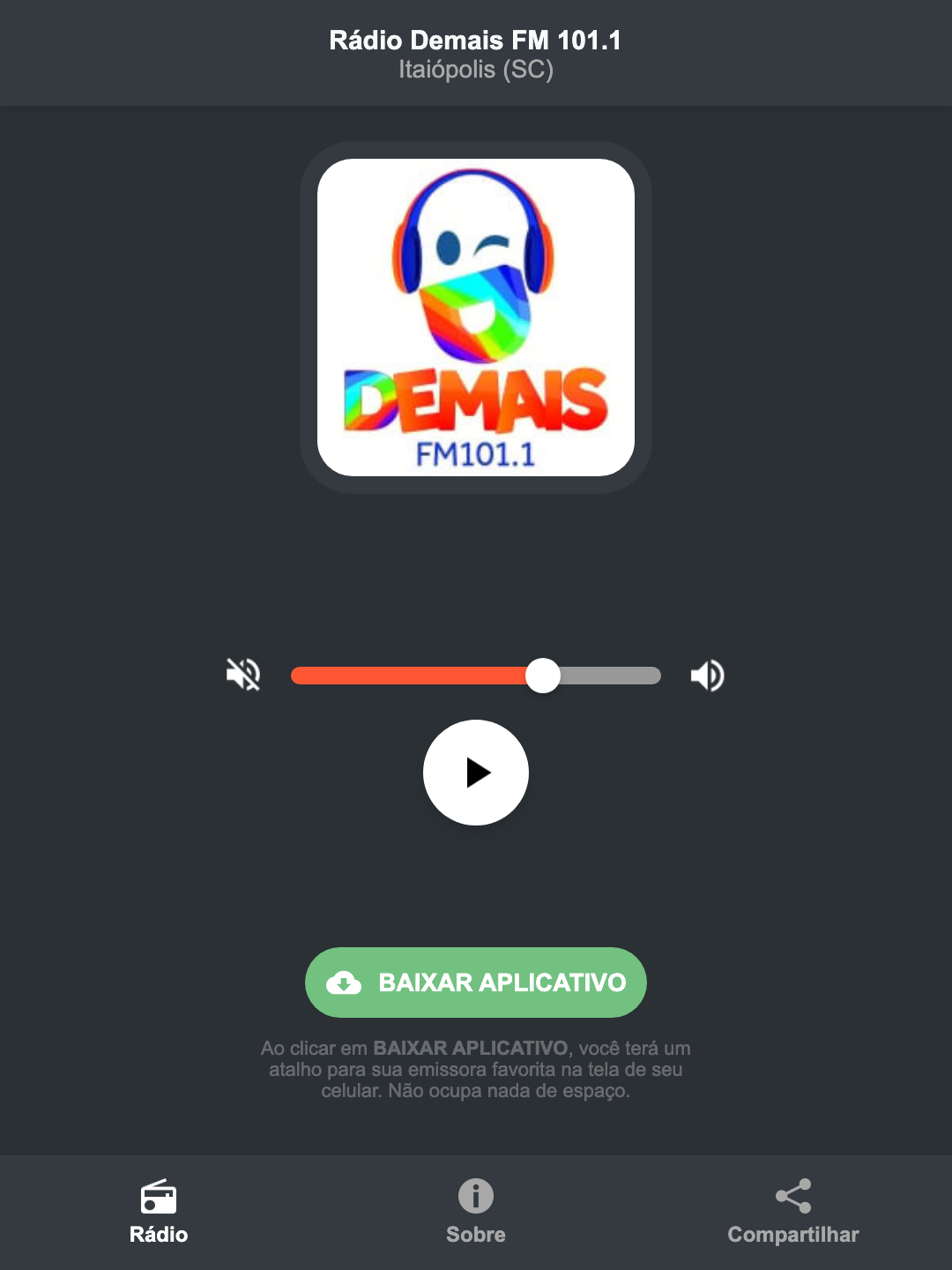 Screenshot do aplicativo da Rádio Demais FM 101.1