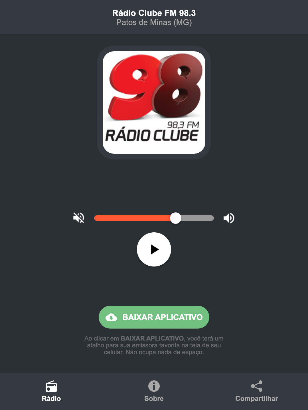 Screenshot do aplicativo da Rádio Clube FM 98.3