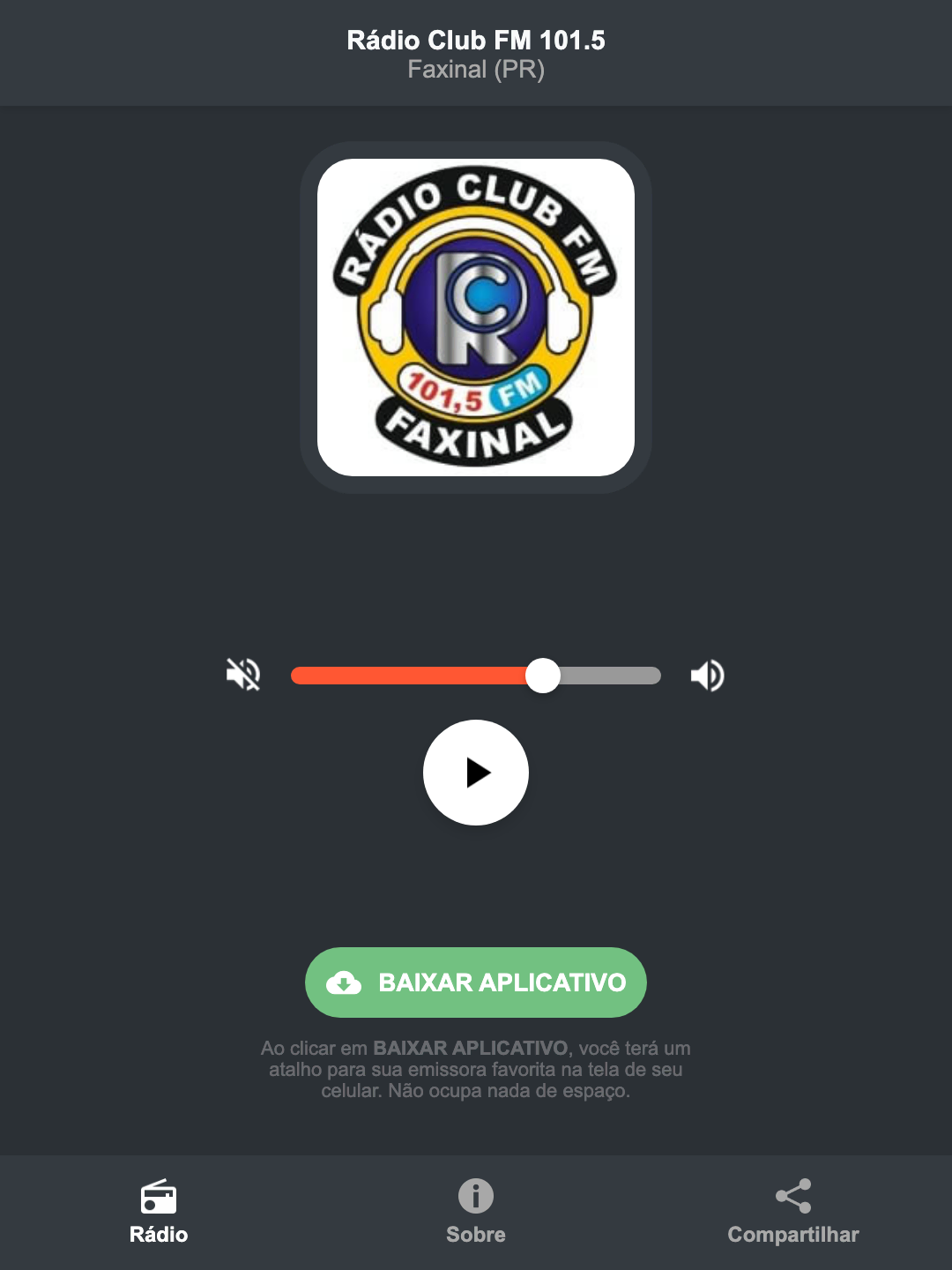 Screenshot do aplicativo da Rádio Club FM 101.5