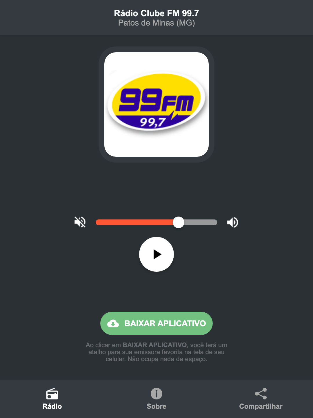 Screenshot do aplicativo da Rádio Clube FM 99.7