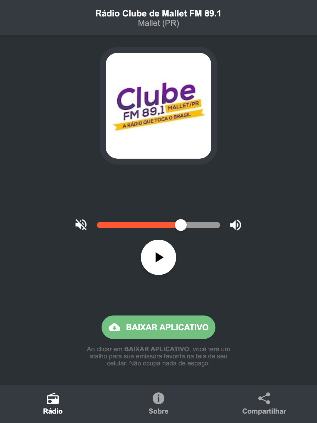 Screenshot do aplicativo da Rádio Clube de Mallet FM 89.1