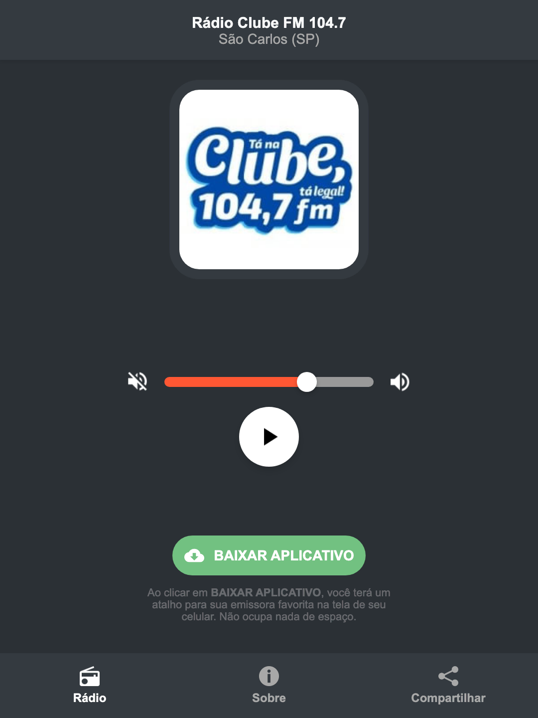 Screenshot do aplicativo da Rádio Clube FM 104.7