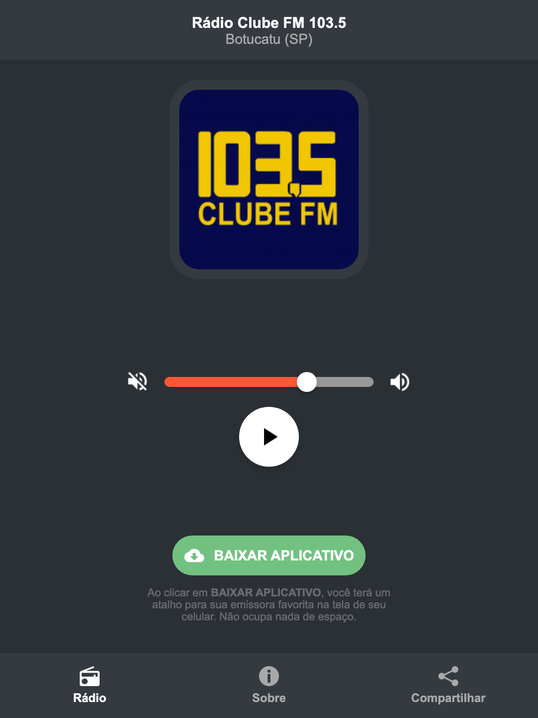 Screenshot do aplicativo da Rádio Clube FM 103.5