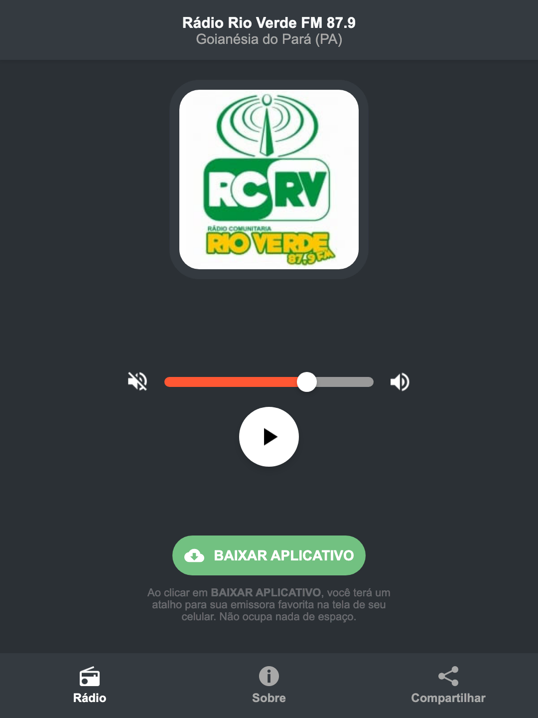 Screenshot do aplicativo da Rádio Rio Verde FM 87.9