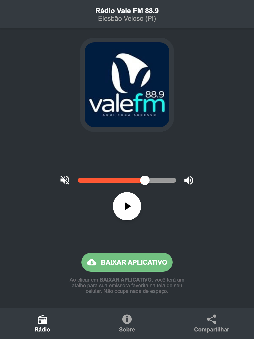 Screenshot do aplicativo da Rádio Vale FM 88.9