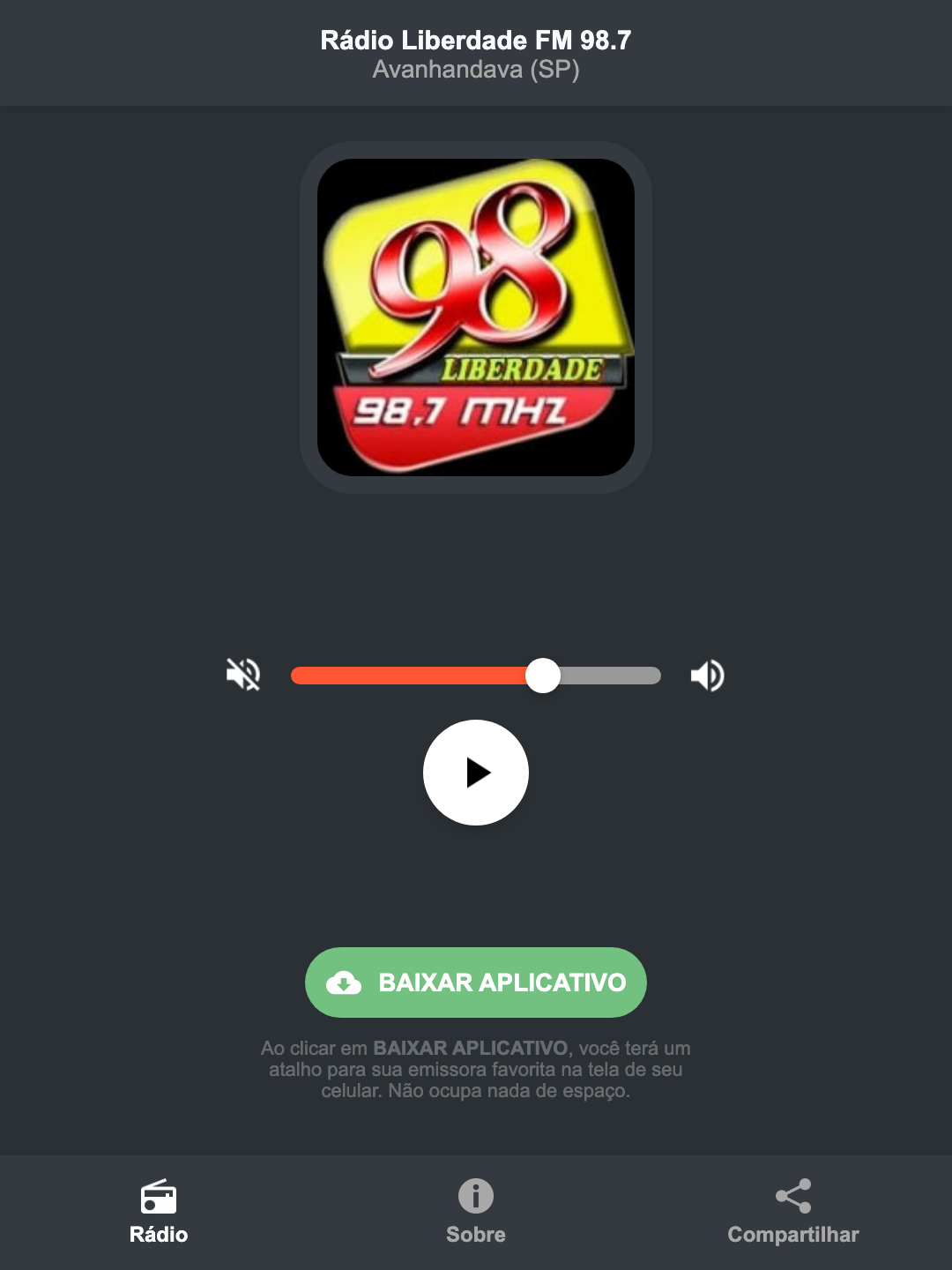 Screenshot do aplicativo da Rádio Liberdade FM 98.7
