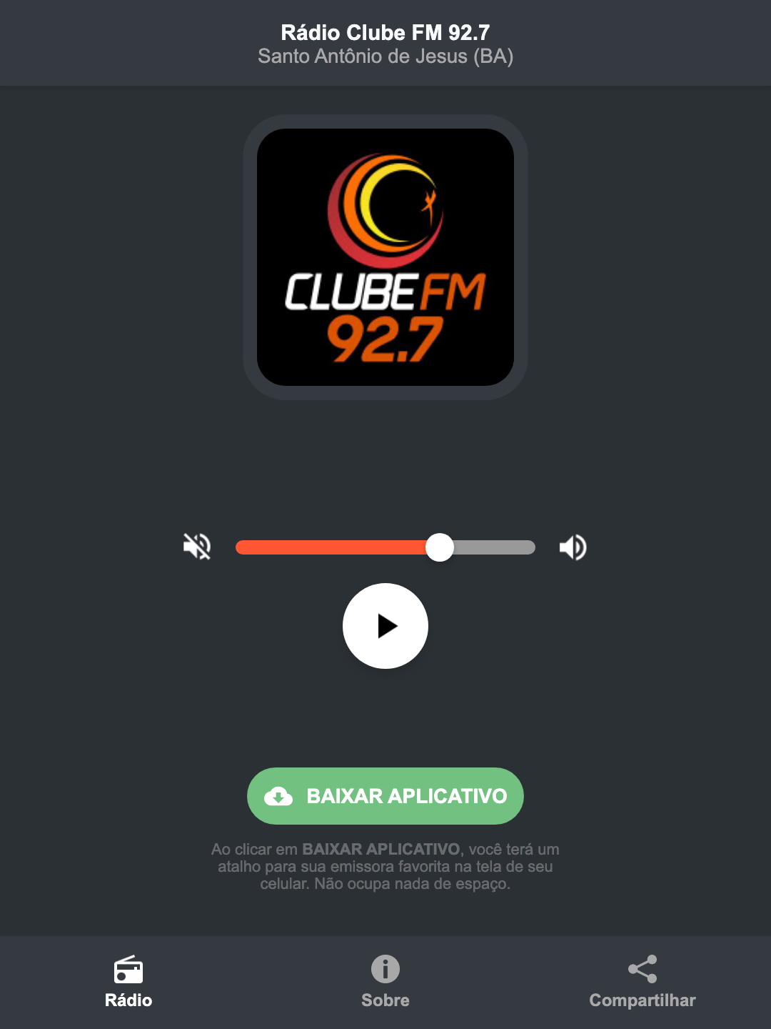 Screenshot do aplicativo da Rádio Clube FM 92.7