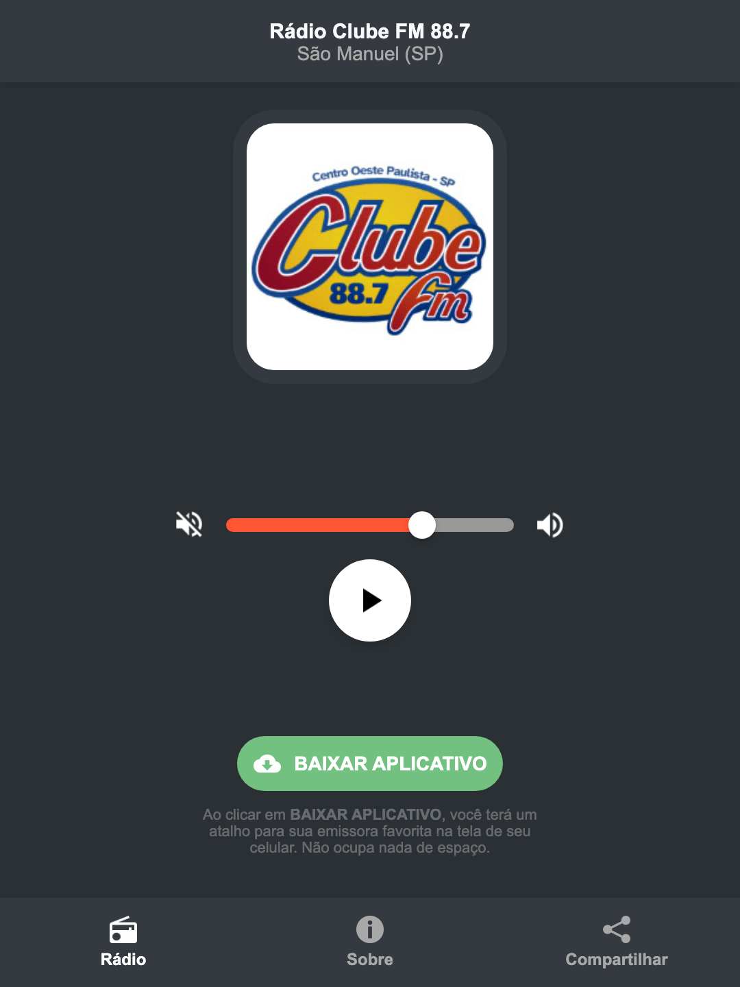 Screenshot do aplicativo da Rádio Clube FM 88.7