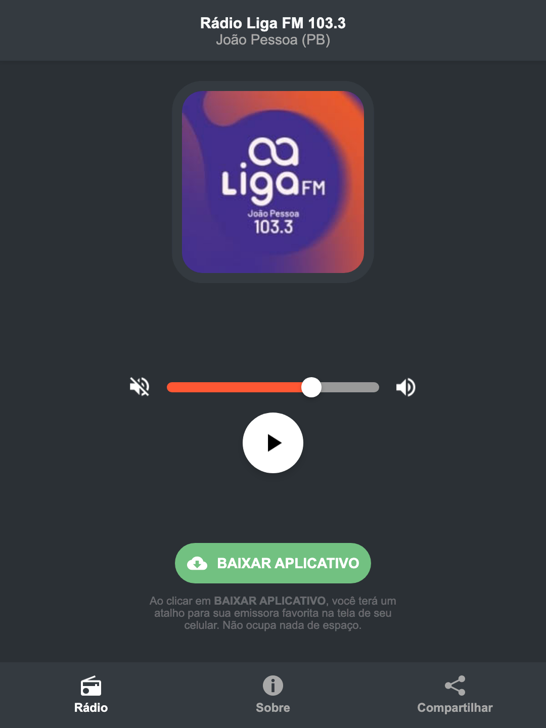 Screenshot do aplicativo da Rádio Liga FM 103.3