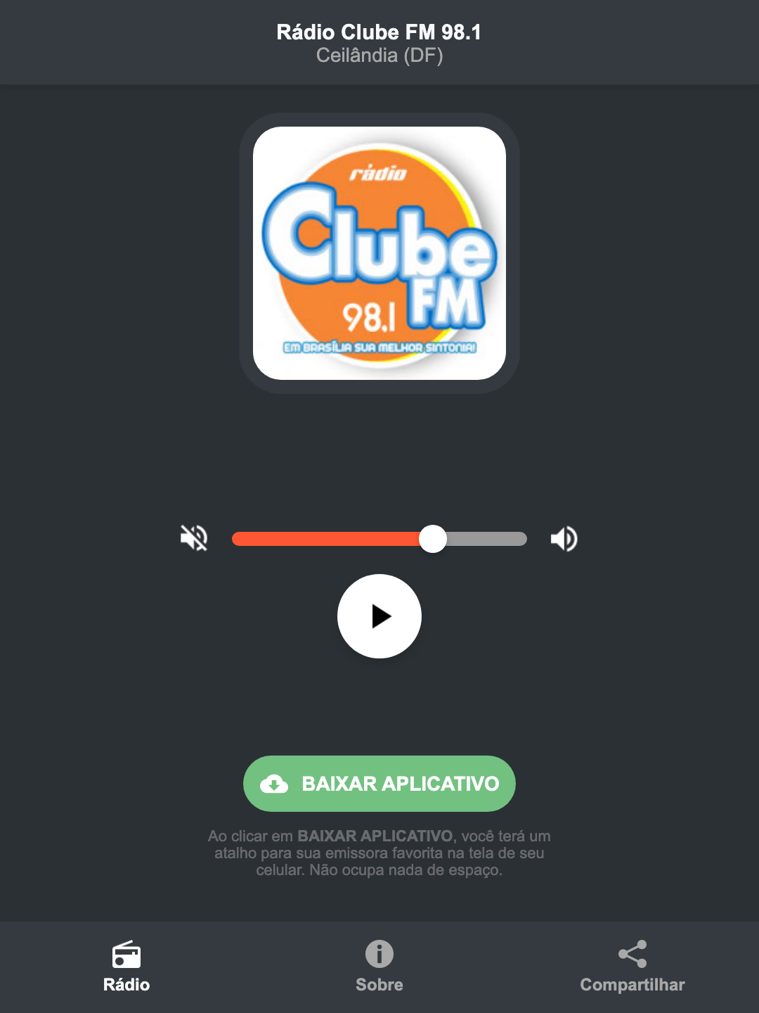 Screenshot do aplicativo da Rádio Clube FM 98.1