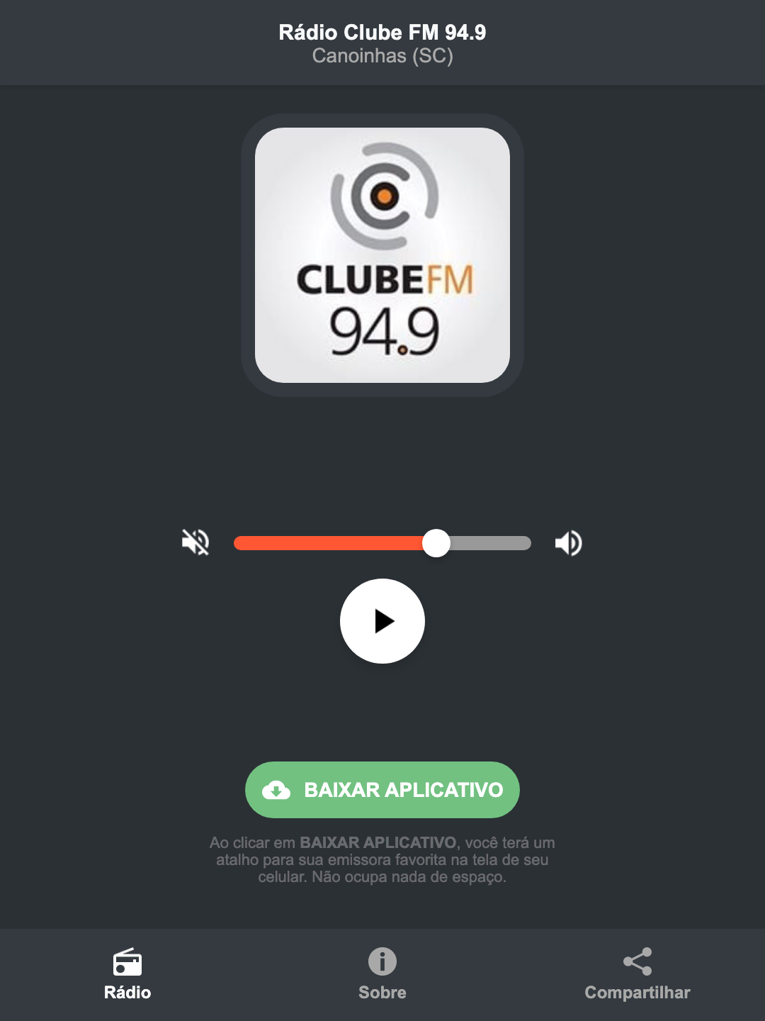 Screenshot do aplicativo da Rádio Clube FM 94.9