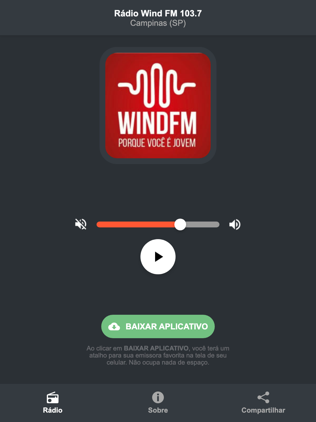 Screenshot do aplicativo da Rádio Wind FM 103.7