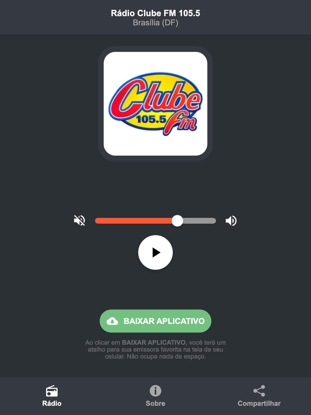 Screenshot do aplicativo da Rádio Clube FM 105.5