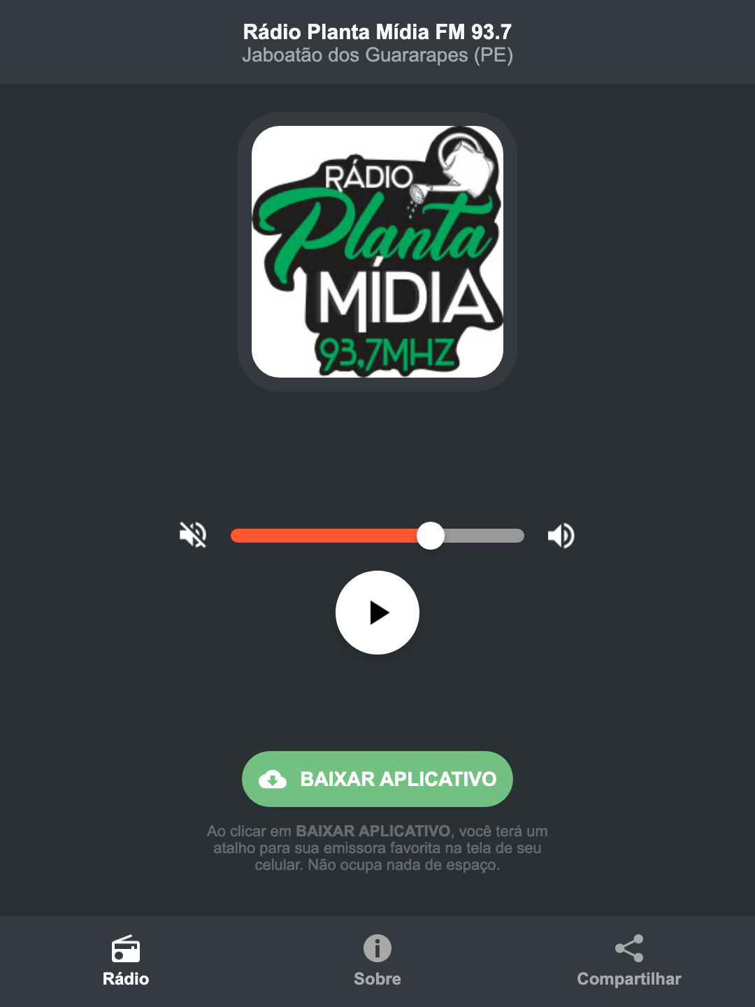 Screenshot do aplicativo da Rádio Planta Mídia FM 93.7