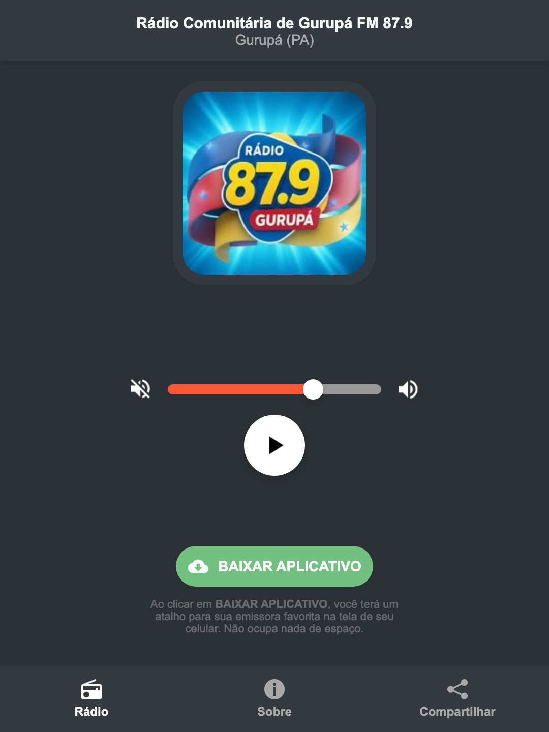 Screenshot do aplicativo da Rádio Comunitária de Gurupá FM 87.9