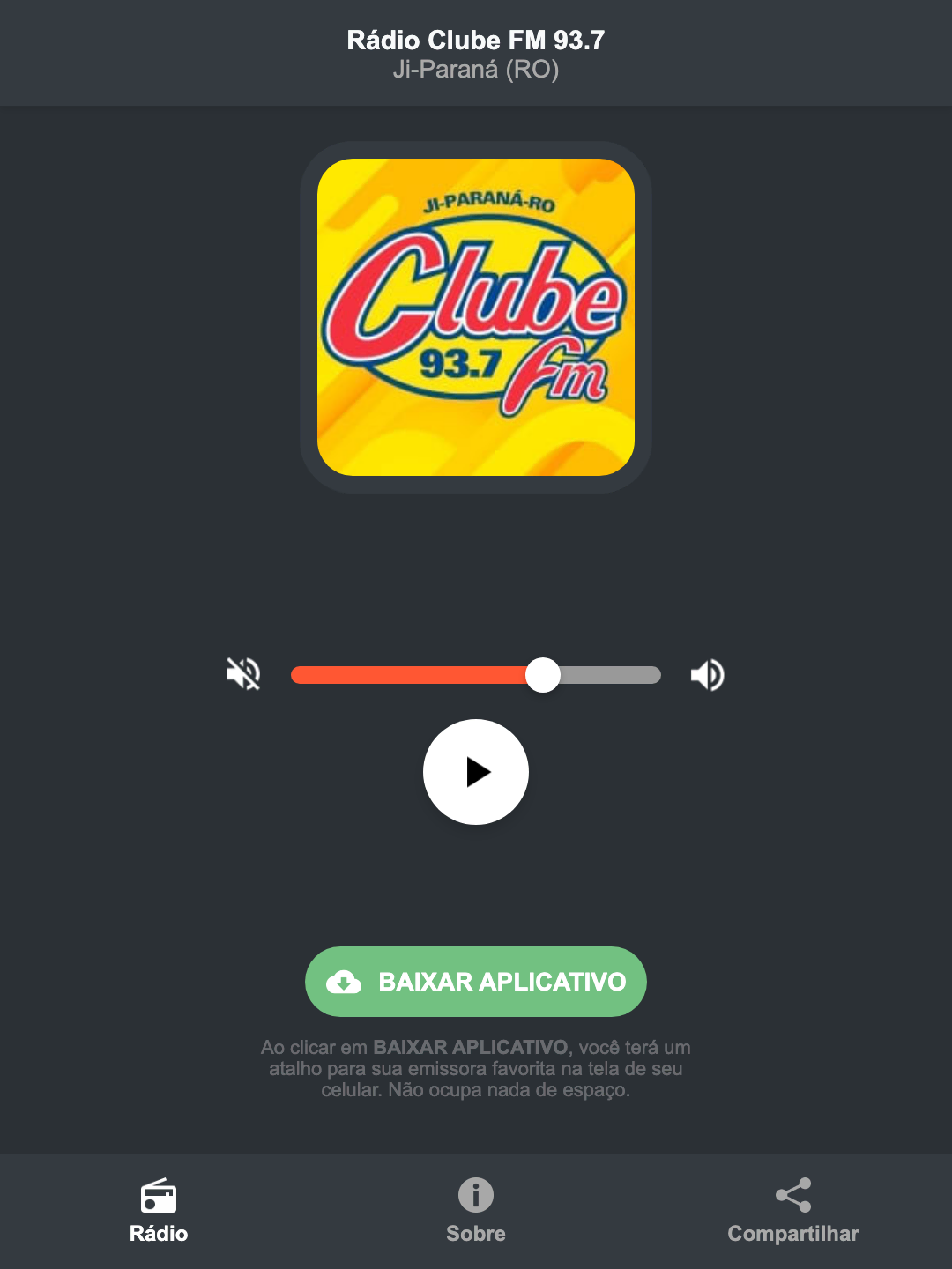Screenshot do aplicativo da Rádio Clube FM 93.7