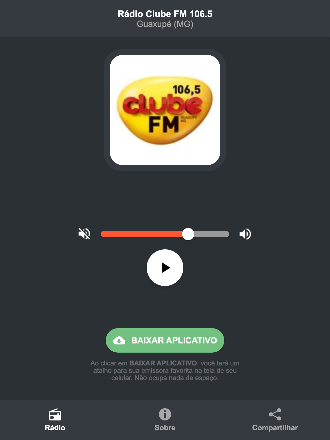 Screenshot do aplicativo da Rádio Clube FM 106.5
