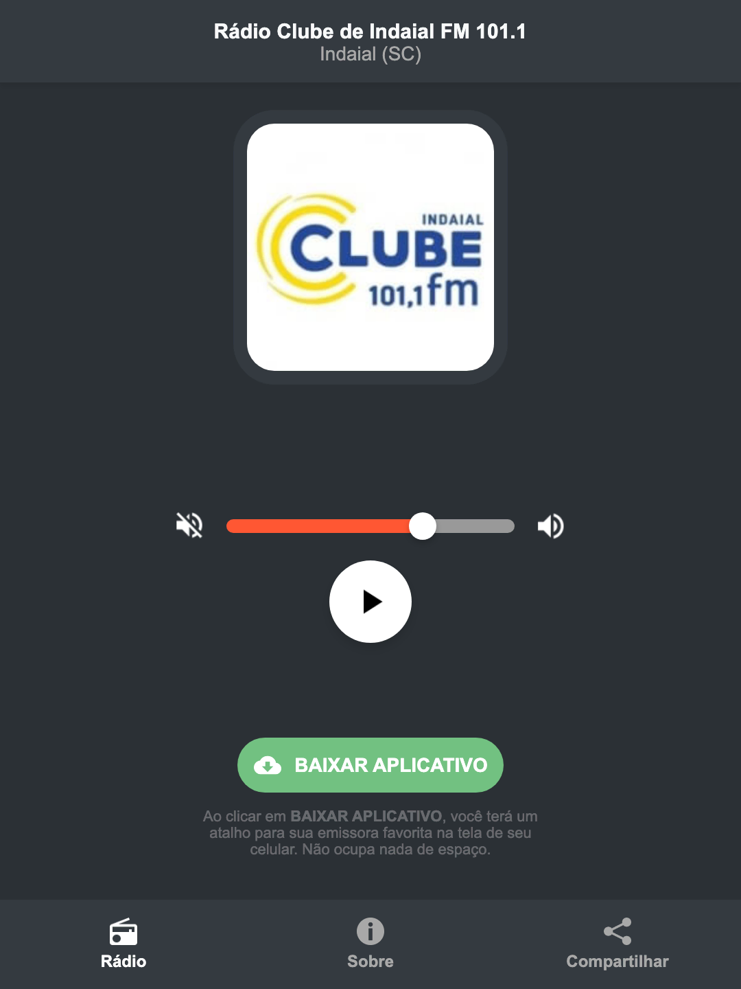 Screenshot do aplicativo da Rádio Clube de Indaial FM 101.1