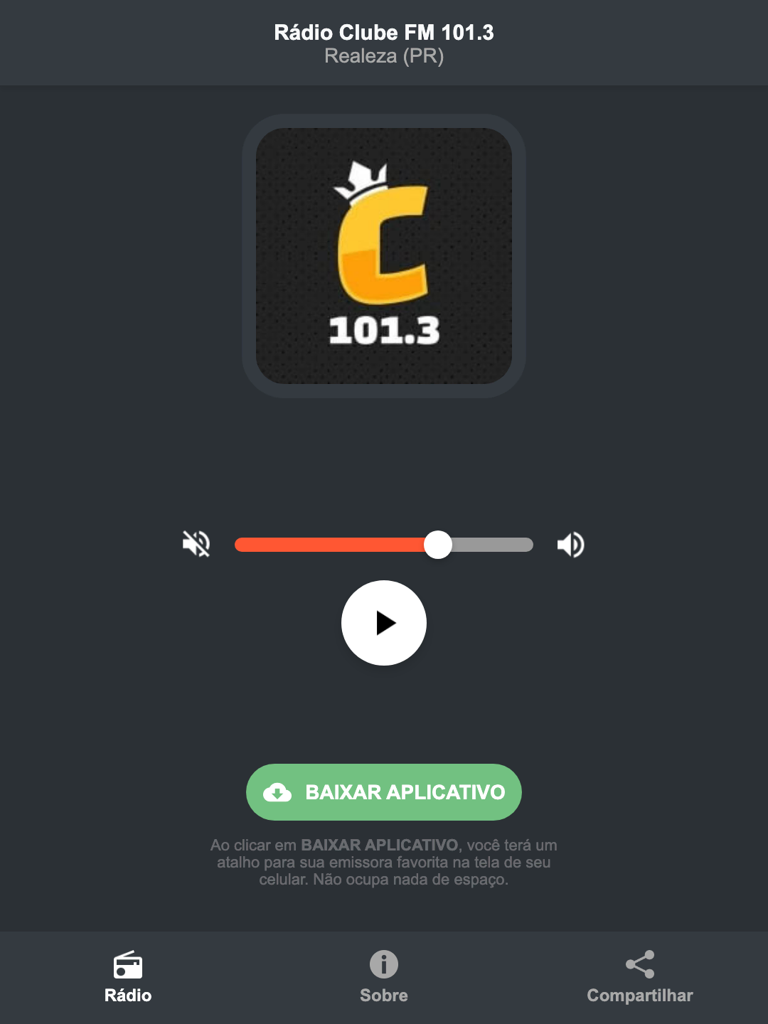 Screenshot do aplicativo da Rádio Clube FM 101.3