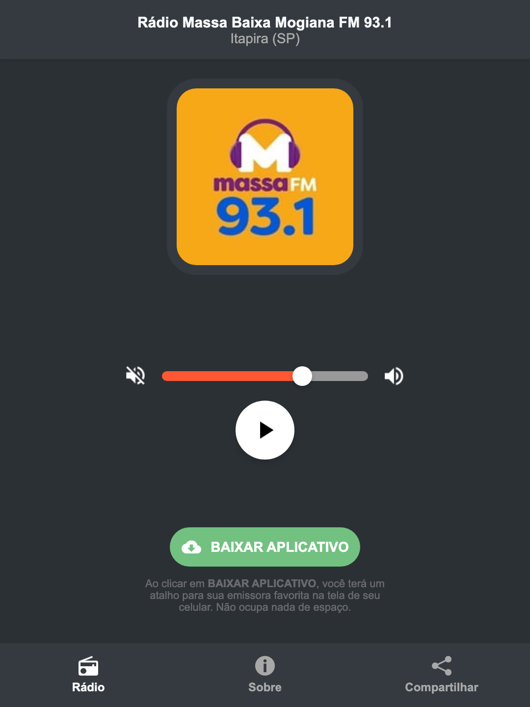 Screenshot do aplicativo da Rádio Massa Baixa Mogiana FM 93.1