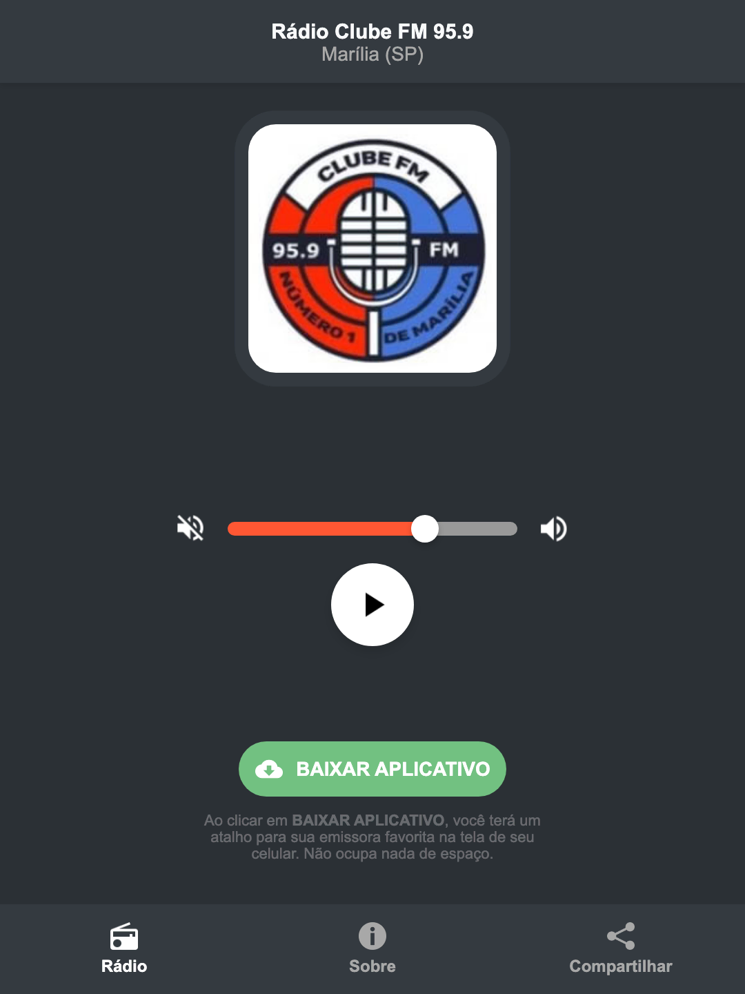 Screenshot do aplicativo da Rádio Clube FM 95.9