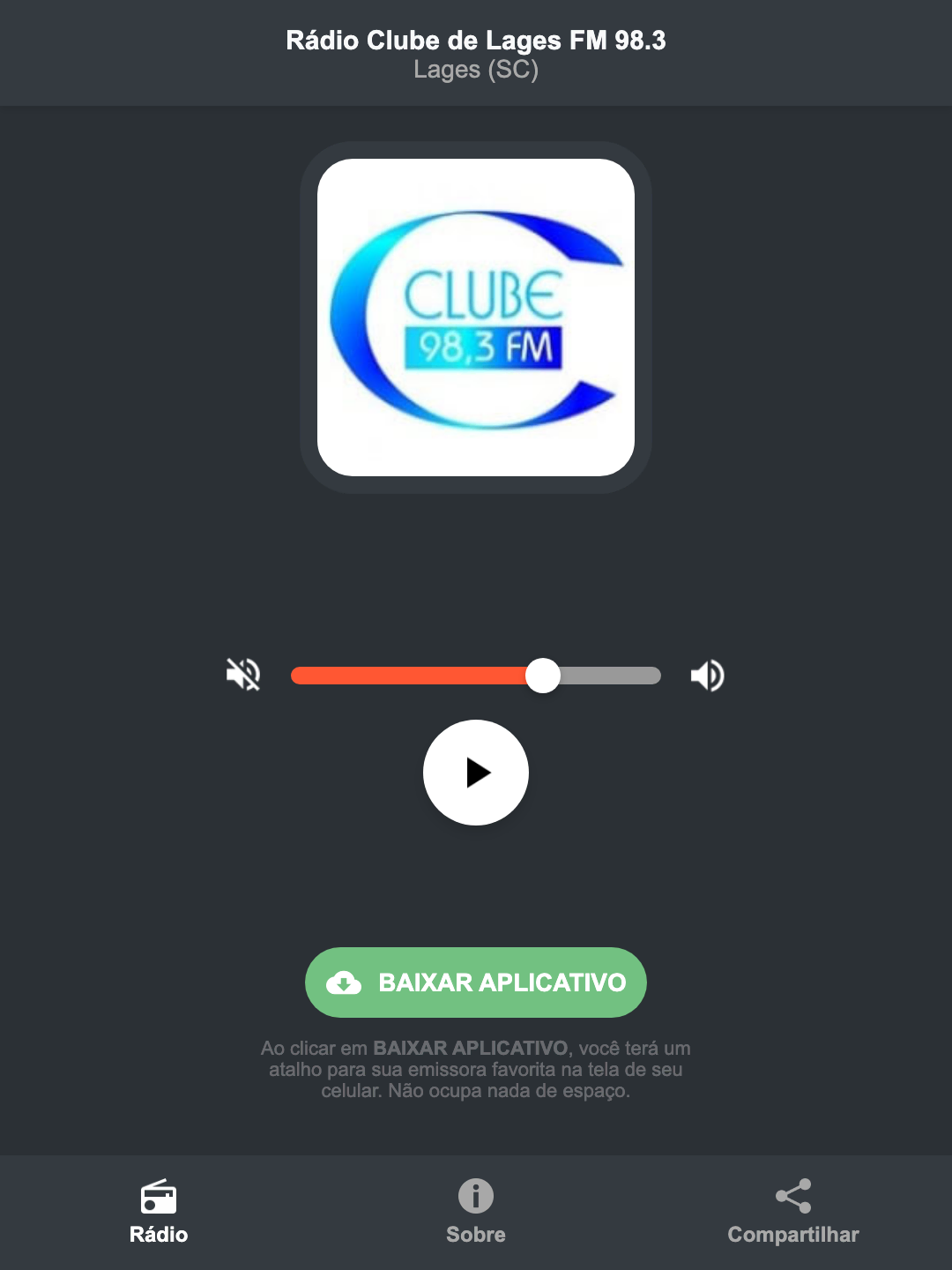 Screenshot do aplicativo da Rádio Clube de Lages FM 98.3