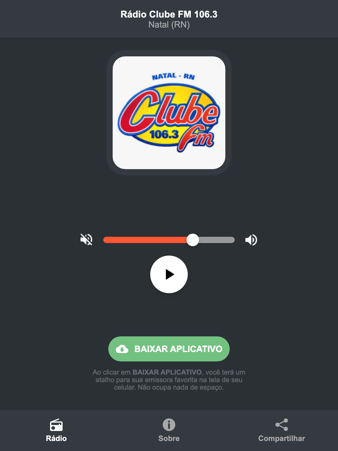 Screenshot do aplicativo da Rádio Clube FM 106.3