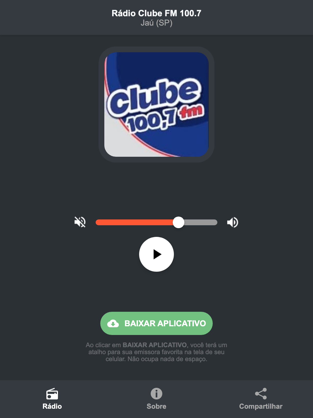 Screenshot do aplicativo da Rádio Clube FM 100.7