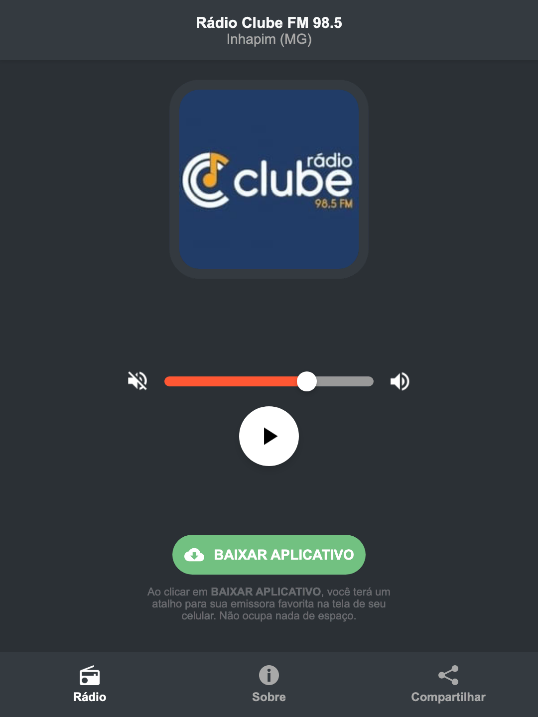 Screenshot do aplicativo da Rádio Clube FM 98.5