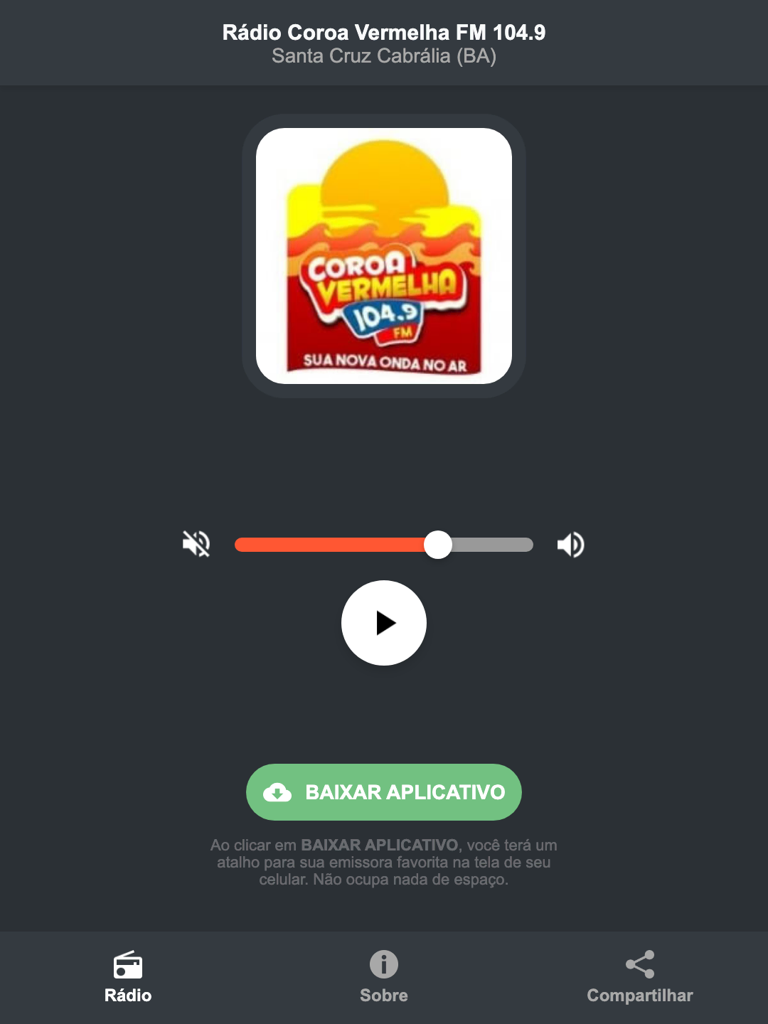 Screenshot do aplicativo da Rádio Coroa Vermelha FM 104.9