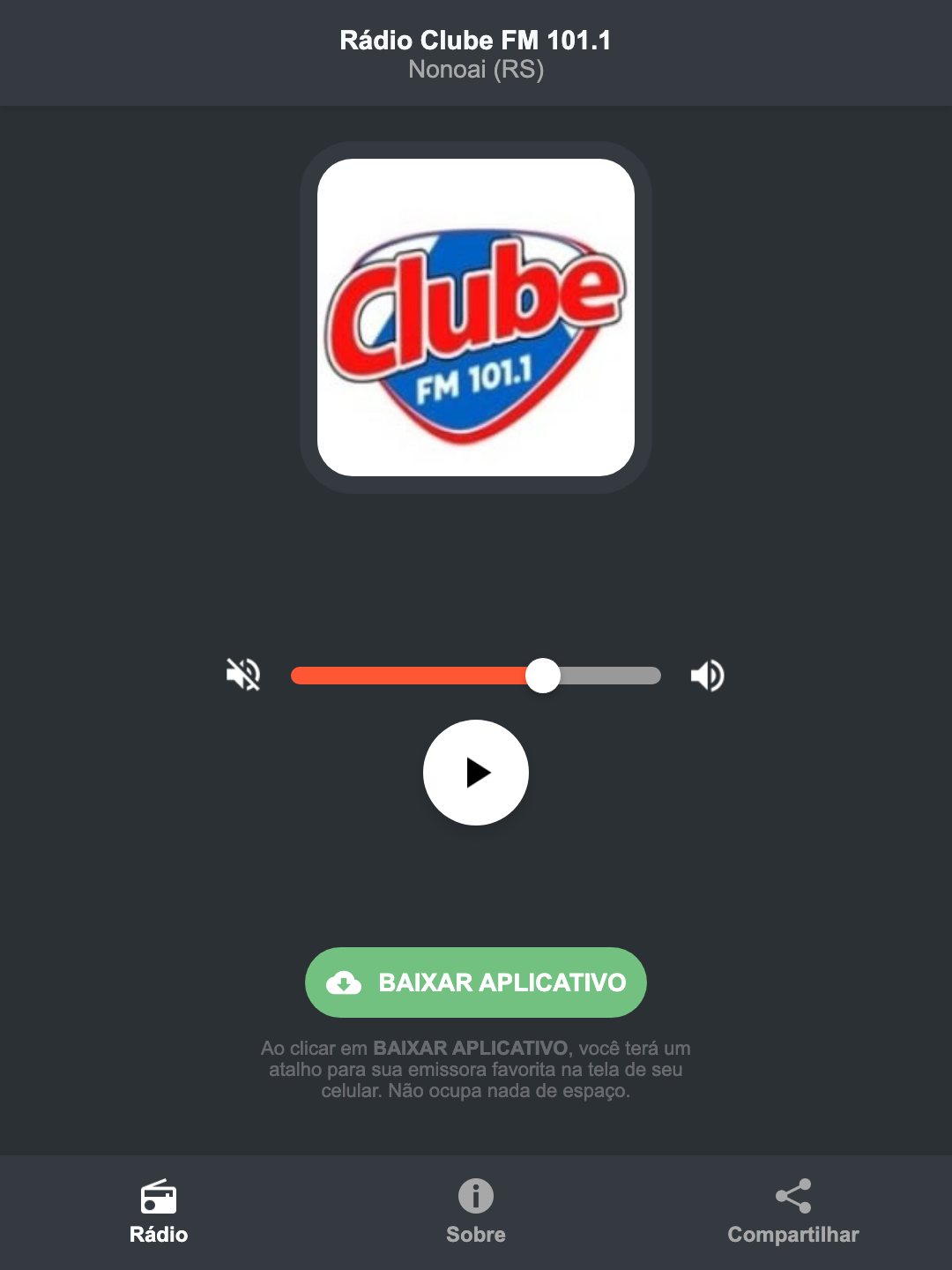 Screenshot do aplicativo da Rádio Clube FM 101.1