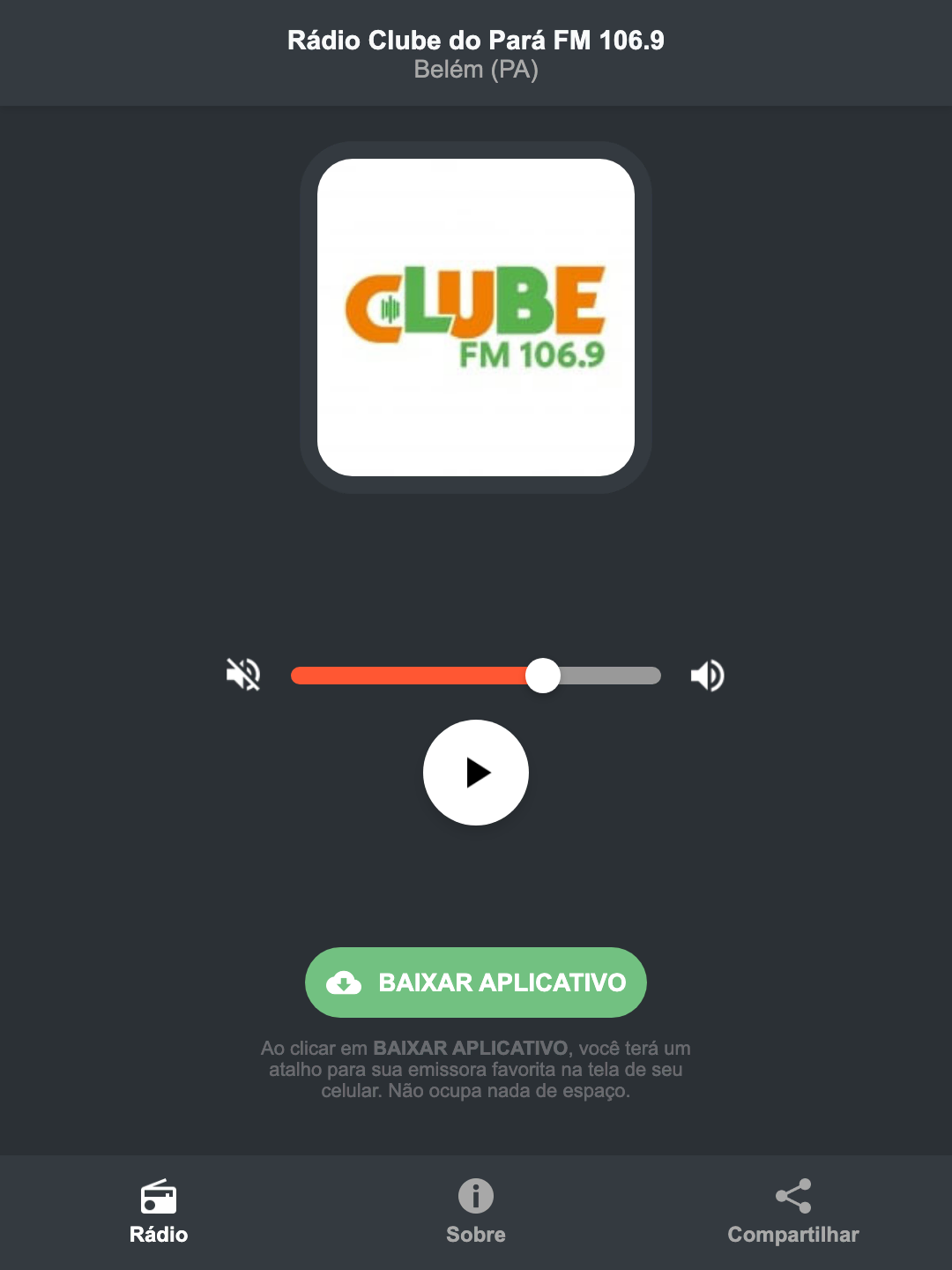 Screenshot do aplicativo da Rádio Clube do Pará FM 106.9