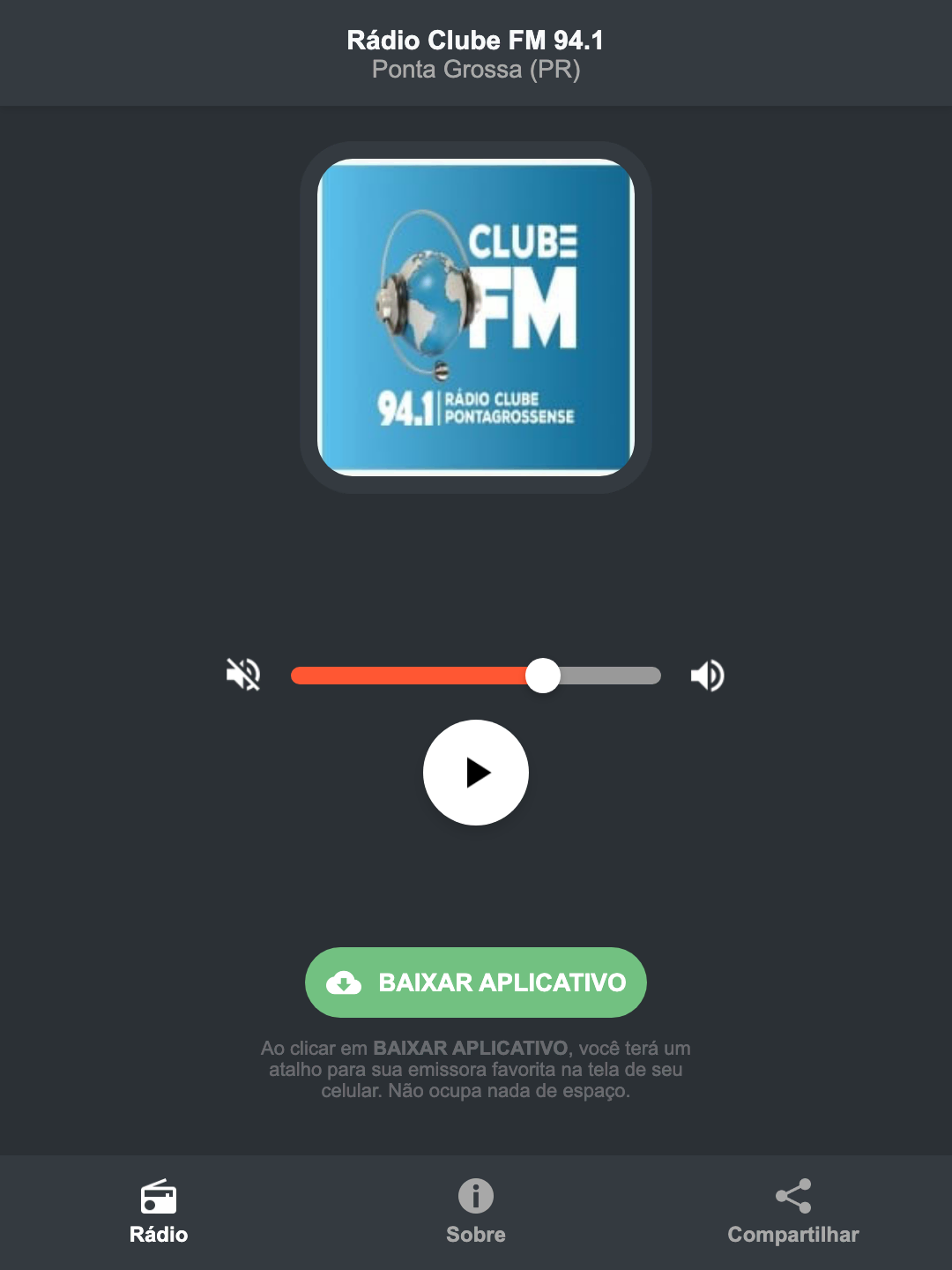 Screenshot do aplicativo da Rádio Clube FM 94.1