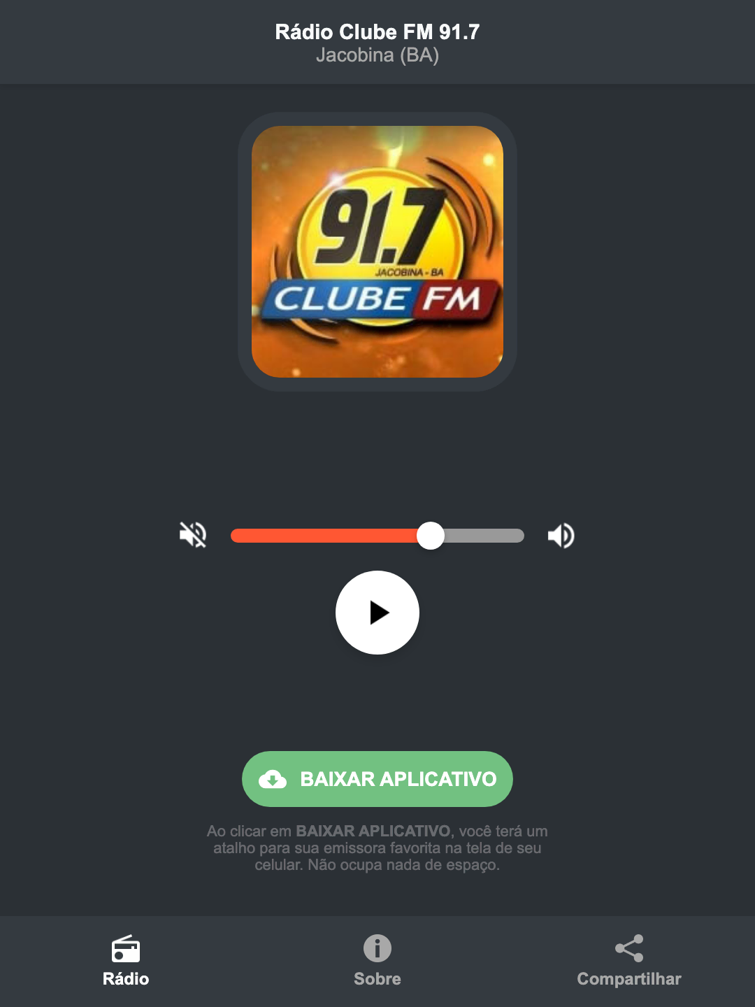 Screenshot do aplicativo da Rádio Clube FM 91.7