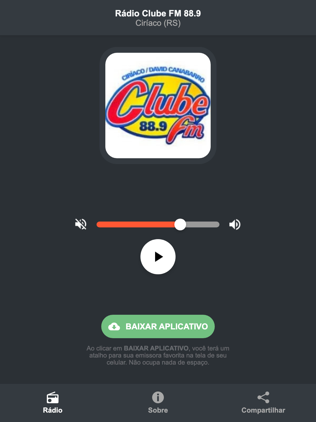 Screenshot do aplicativo da Rádio Clube FM 88.9