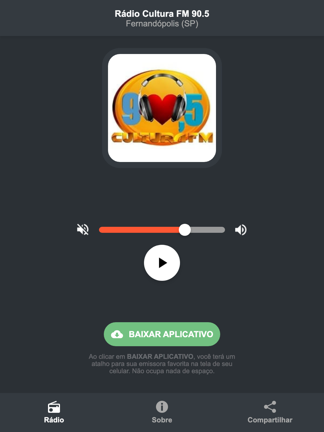 Screenshot do aplicativo da Rádio Cultura FM 90.5