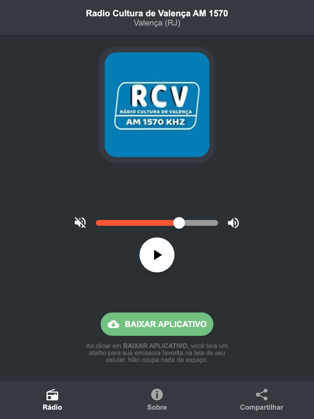 Screenshot do aplicativo da Radio Cultura de Valença AM 1570