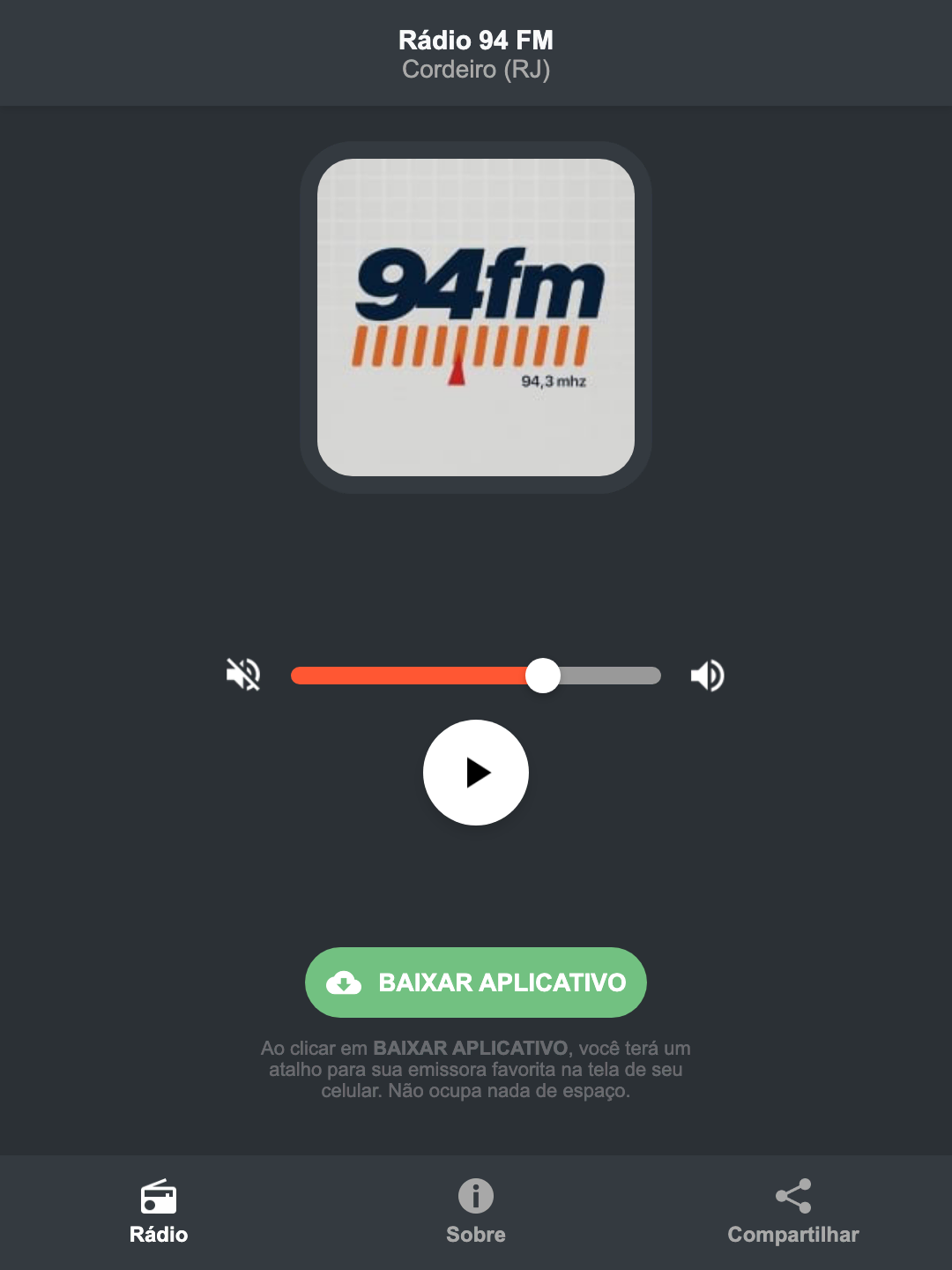 Screenshot do aplicativo da Rádio 94 FM