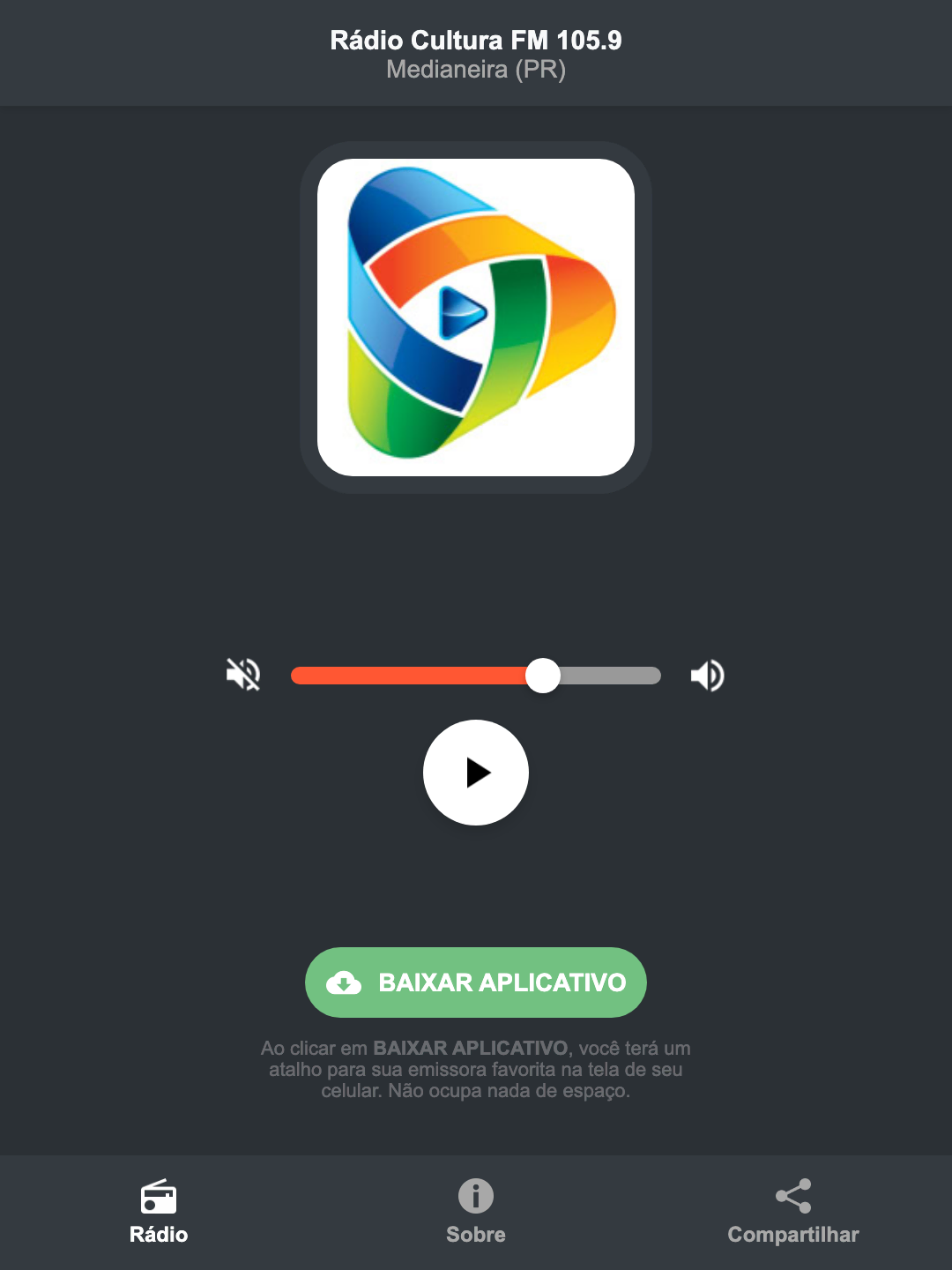 Screenshot do aplicativo da Rádio Cultura FM 105.9