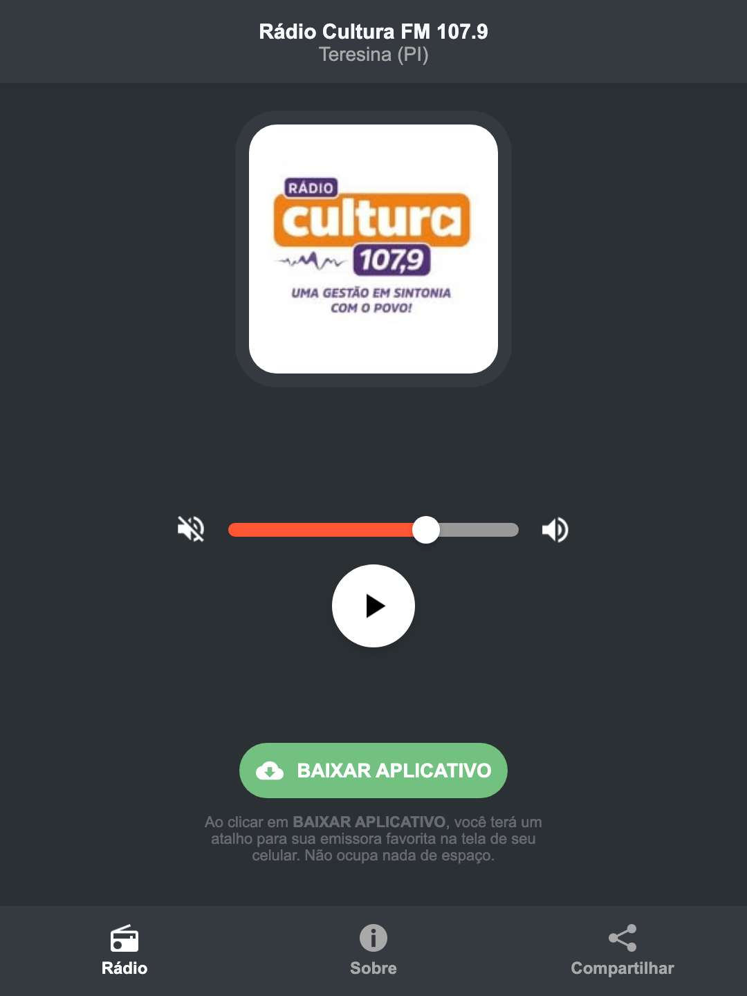 Screenshot do aplicativo da Rádio Cultura FM 107.9