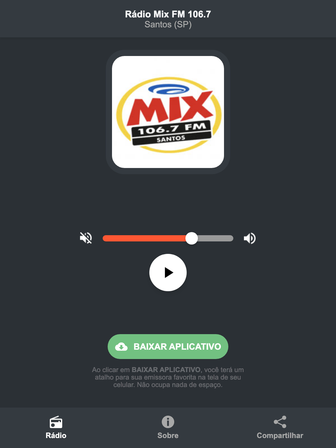 Screenshot do aplicativo da Rádio Mix FM 106.7