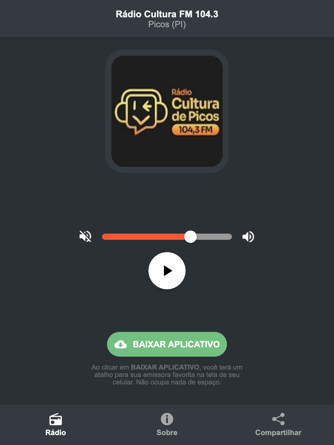 Screenshot do aplicativo da Rádio Cultura FM 104.3