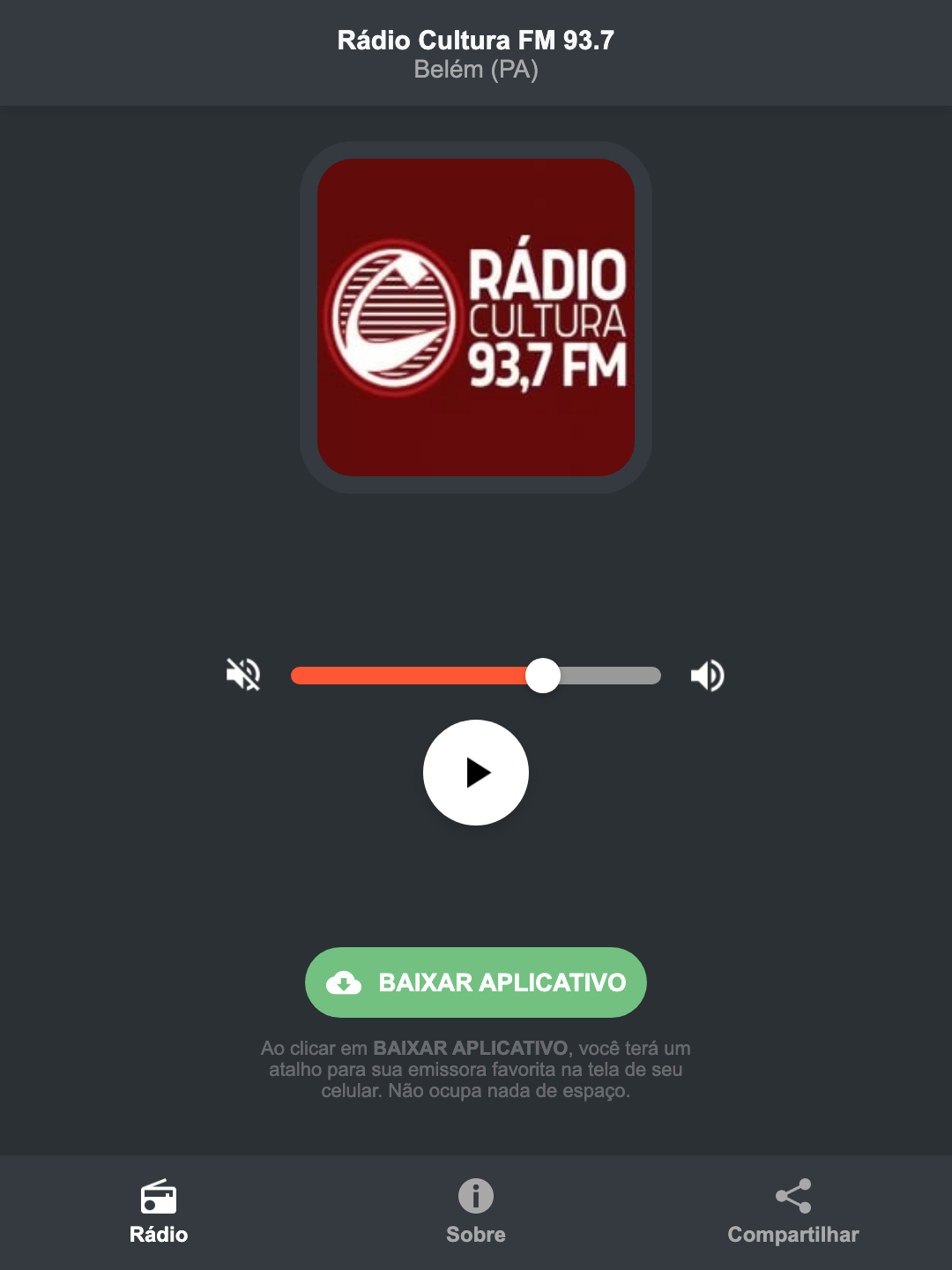 Screenshot do aplicativo da Rádio Cultura FM 93.7