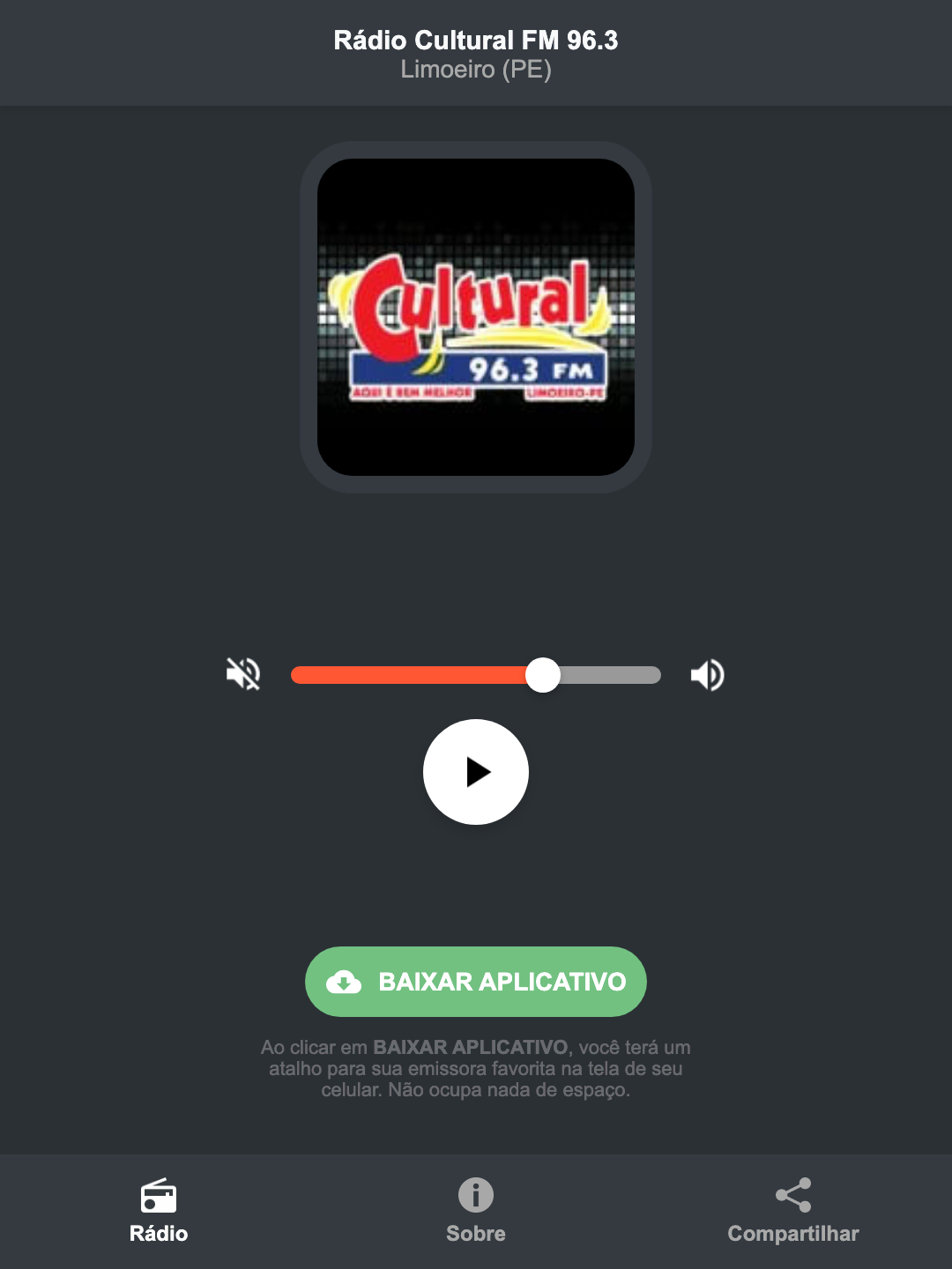 Screenshot do aplicativo da Rádio Cultural FM 96.3