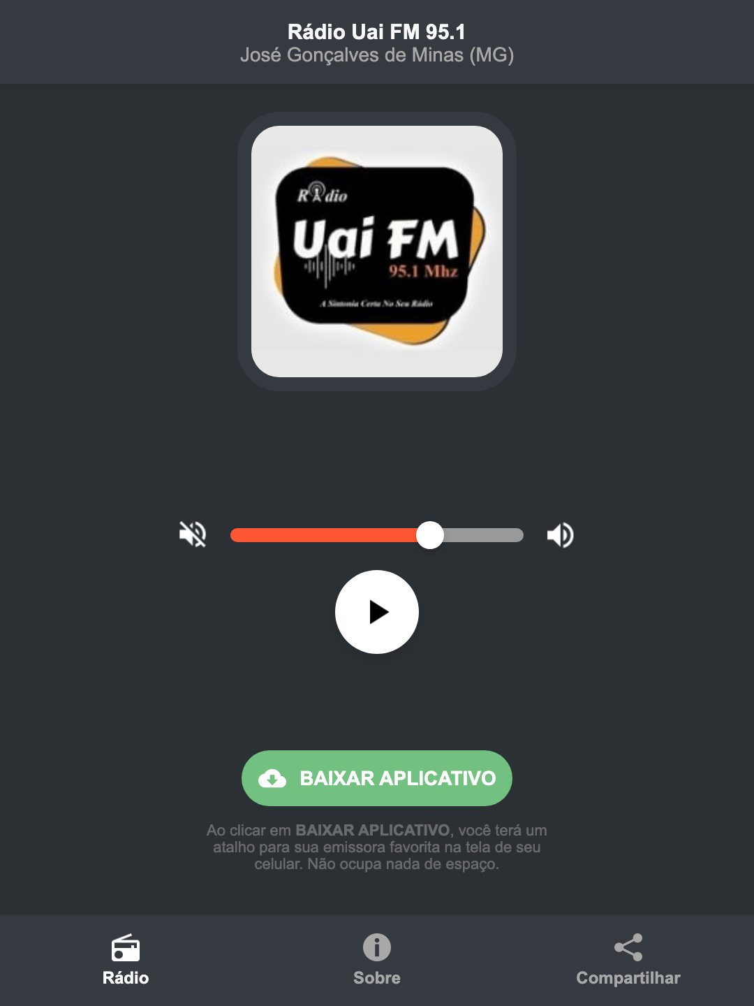 Screenshot do aplicativo da Rádio Uai FM 95.1