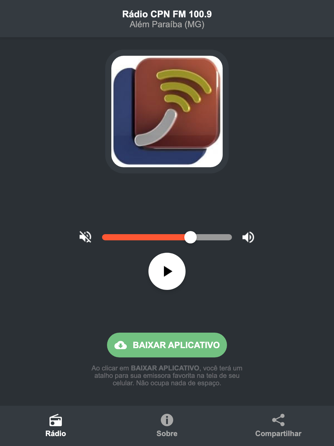 Screenshot do aplicativo da Rádio CPN FM 100.9