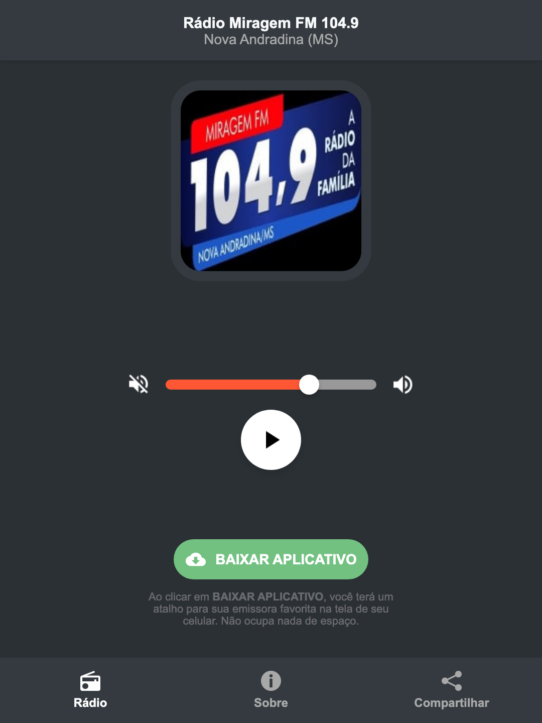 Screenshot do aplicativo da Rádio Miragem FM 104.9