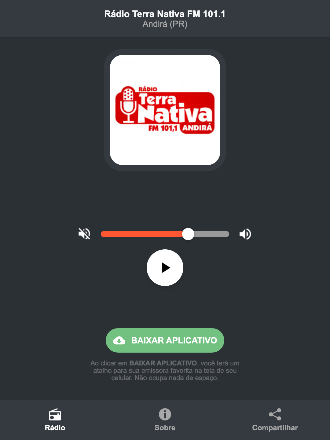 Screenshot do aplicativo da Rádio Terra Nativa FM 101.1