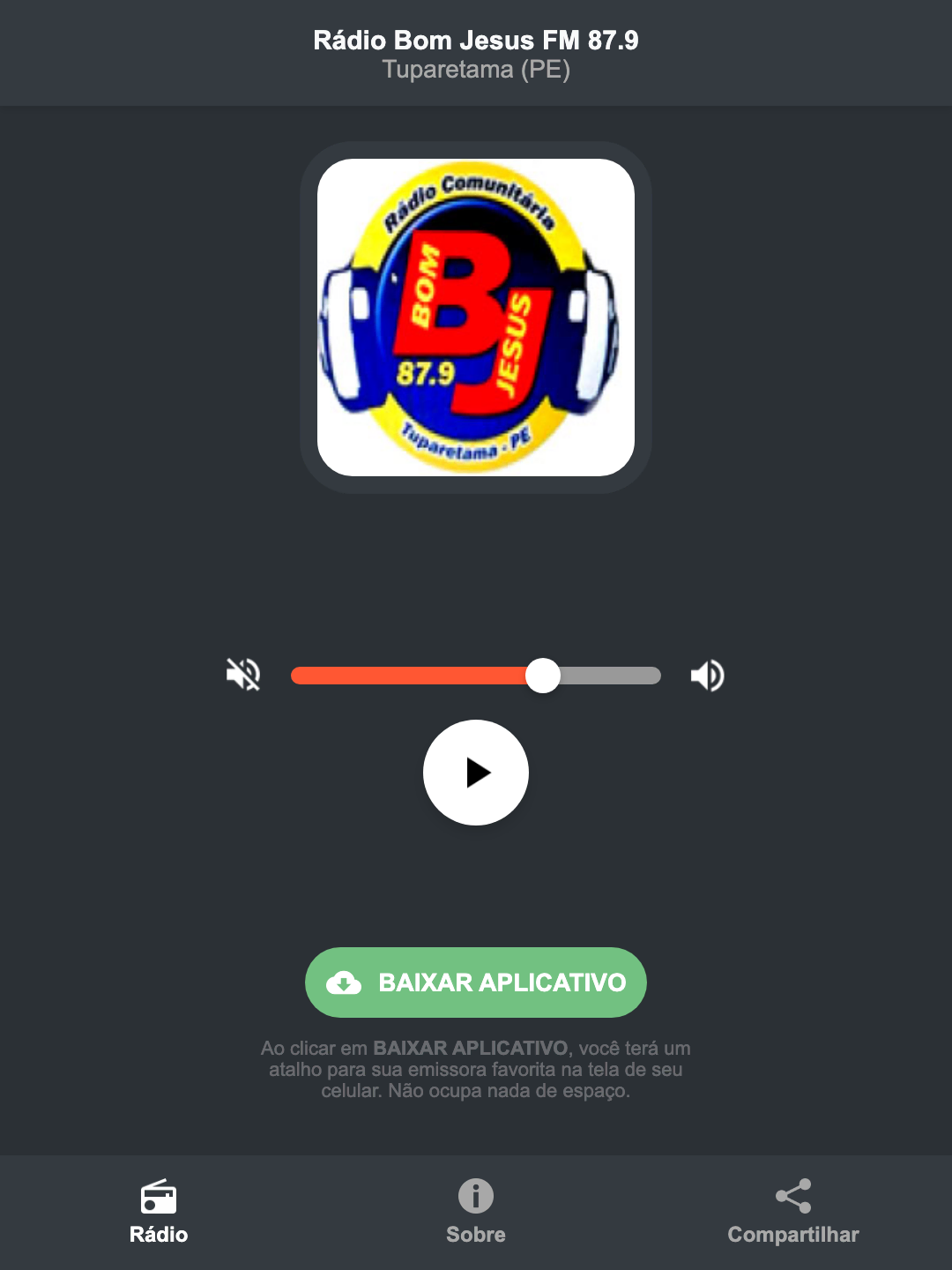 Screenshot do aplicativo da Rádio Bom Jesus FM 87.9
