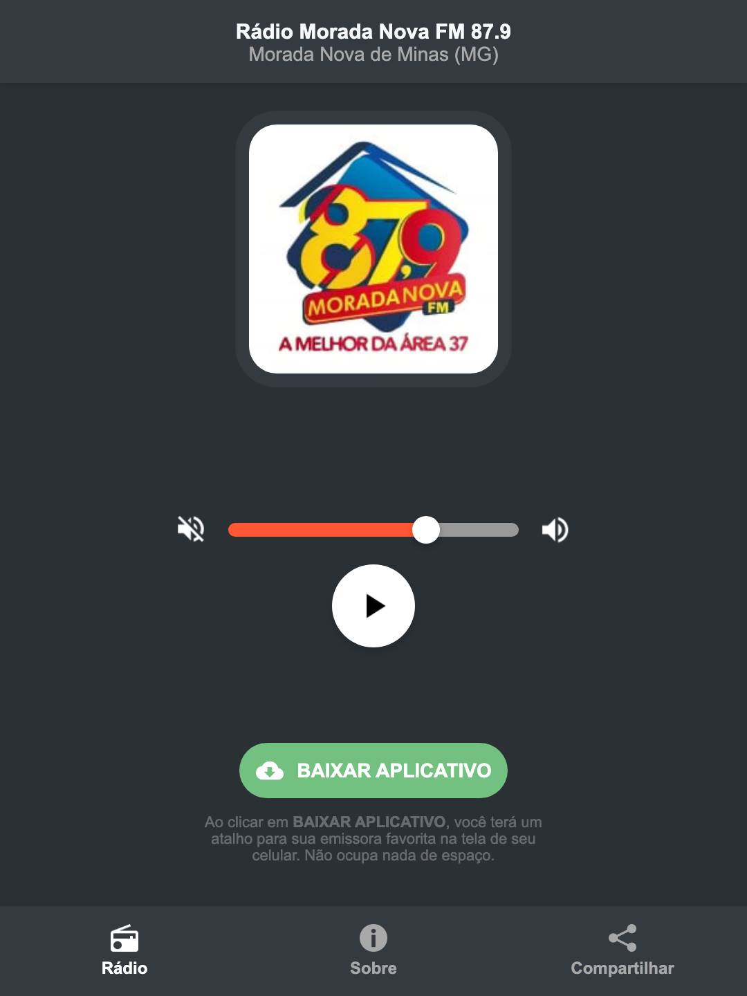 Screenshot do aplicativo da Rádio Morada Nova FM 87.9